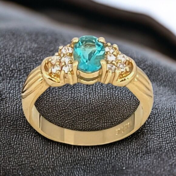 Vintage Ring Size 9 Blue Cubic Zirconia Crystal 18K Gold Plate Mid-Century 14E - Picture 6 of 15
